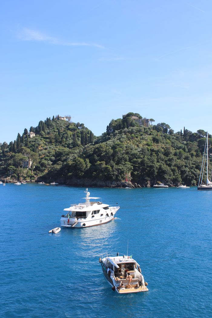 team-02 Scenic view of yachts anchored in the serene waters of Portofino, Italy under a clear blue sky.